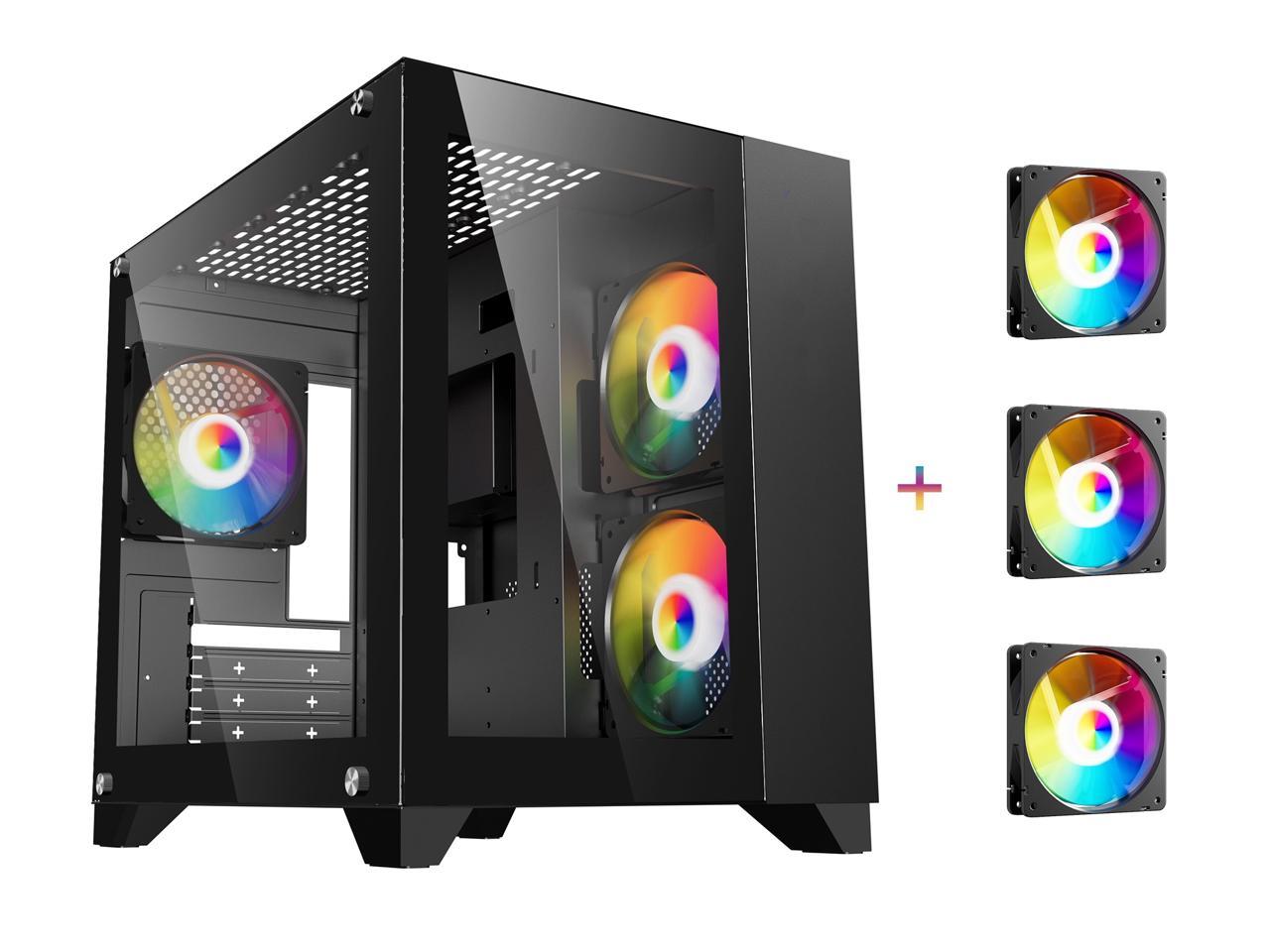 DIYPC ARGB-Q3.v2-BK Black USB3.0 Tempered Glass Micro ATX Gaming Computer Case w/ Dual Tempered Glass Panel and 3 x ARGB Fans (Pre-Installed)