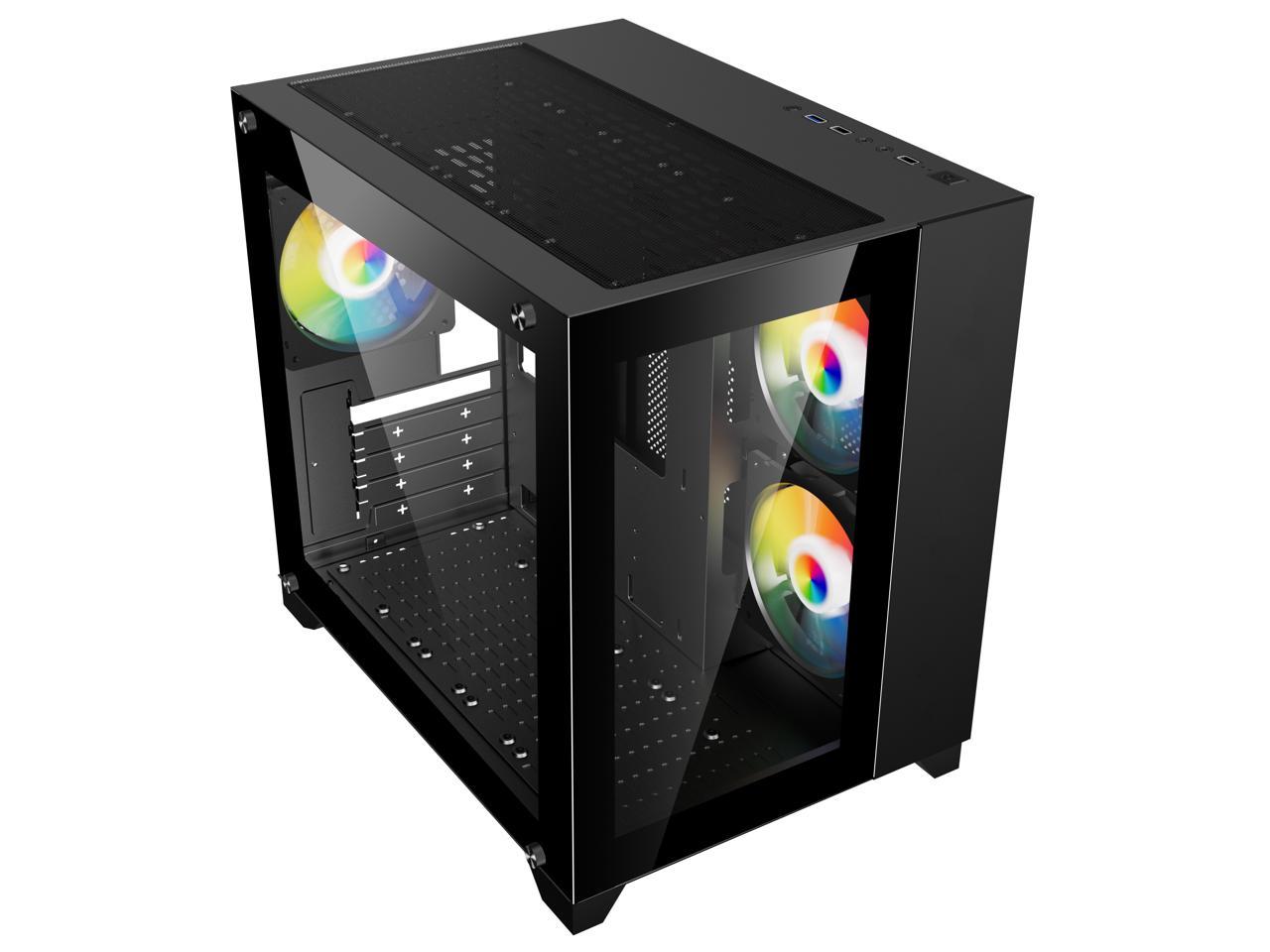 DIYPC ARGB-Q3.v2-BK Black USB3.0 Tempered Glass Micro ATX Gaming Computer Case w/ Dual Tempered Glass Panel and 3 x ARGB Fans (Pre-Installed)