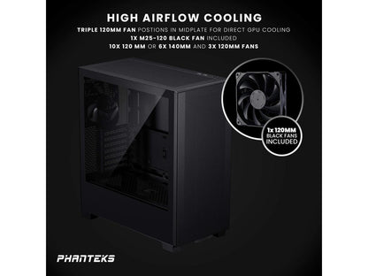 Phanteks XT Pro, Mid-Tower Gaming Chassis, High Airflow Performance Mesh, Tempered Glass Window, 1x M25-120 Black fan included, Black