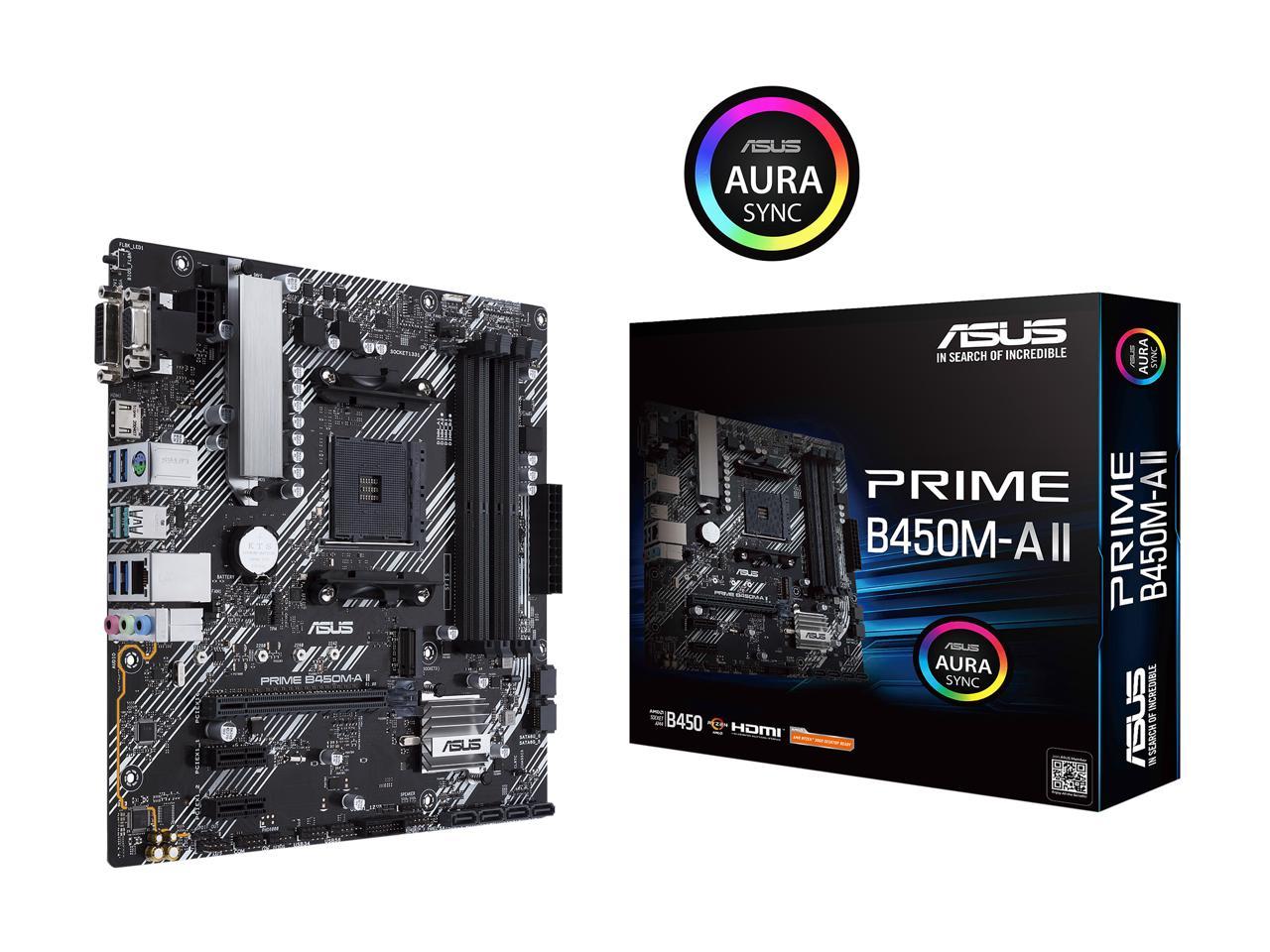 ASUS Prime B450M-A II AMD AM4 (Ryzen 5000, 3rd/2nd/1st Gen Ryzen Micro ATX Motherboard (128GB DDR4, 4400 O.C.), NVMe, HDMI 2.0b/DVI/D-Sub, USB 3.2 Gen 2, BIOS Flashback, and Aura Sync)