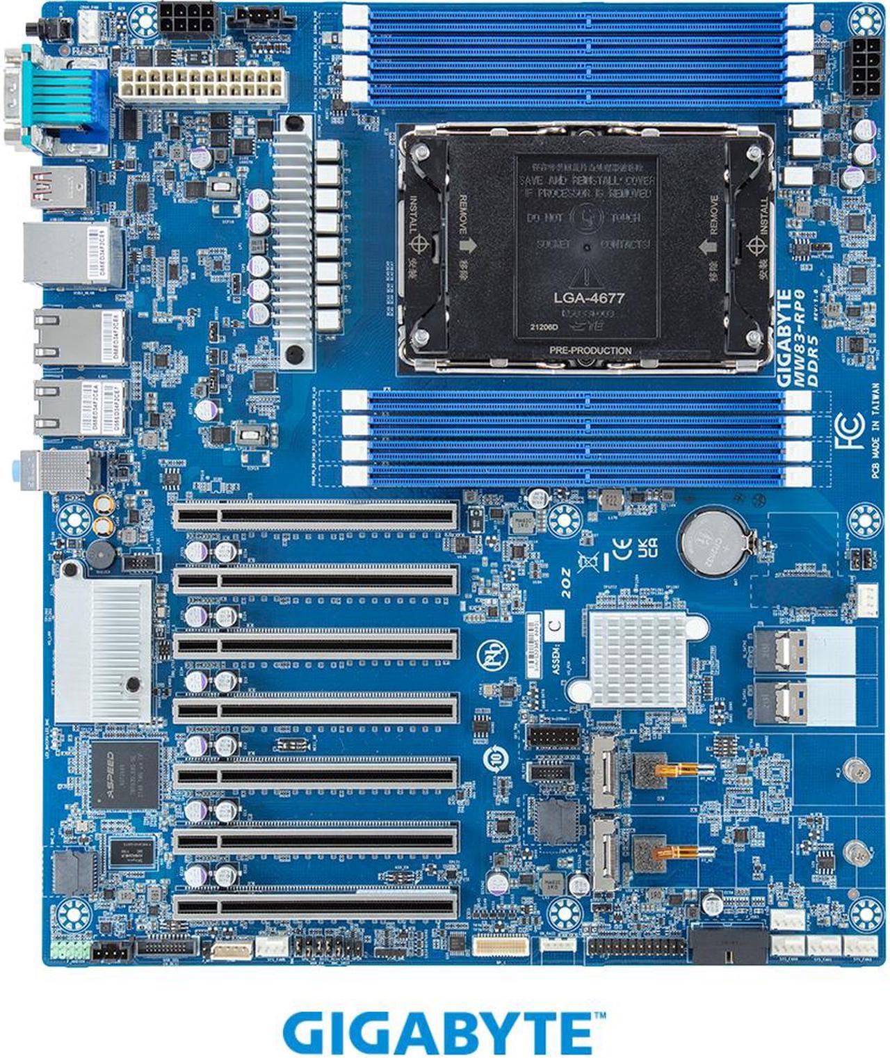 Gigabyte MW83-RP0 Intel® Xeon® W Workstation Board, Single processor, LGA 4677, Intel® W790 Chipset, 8-Channel DDR5 RDIMM/3DS-RDIMM, 8 x DIMMs, ASPEED® AST2600 BMC.