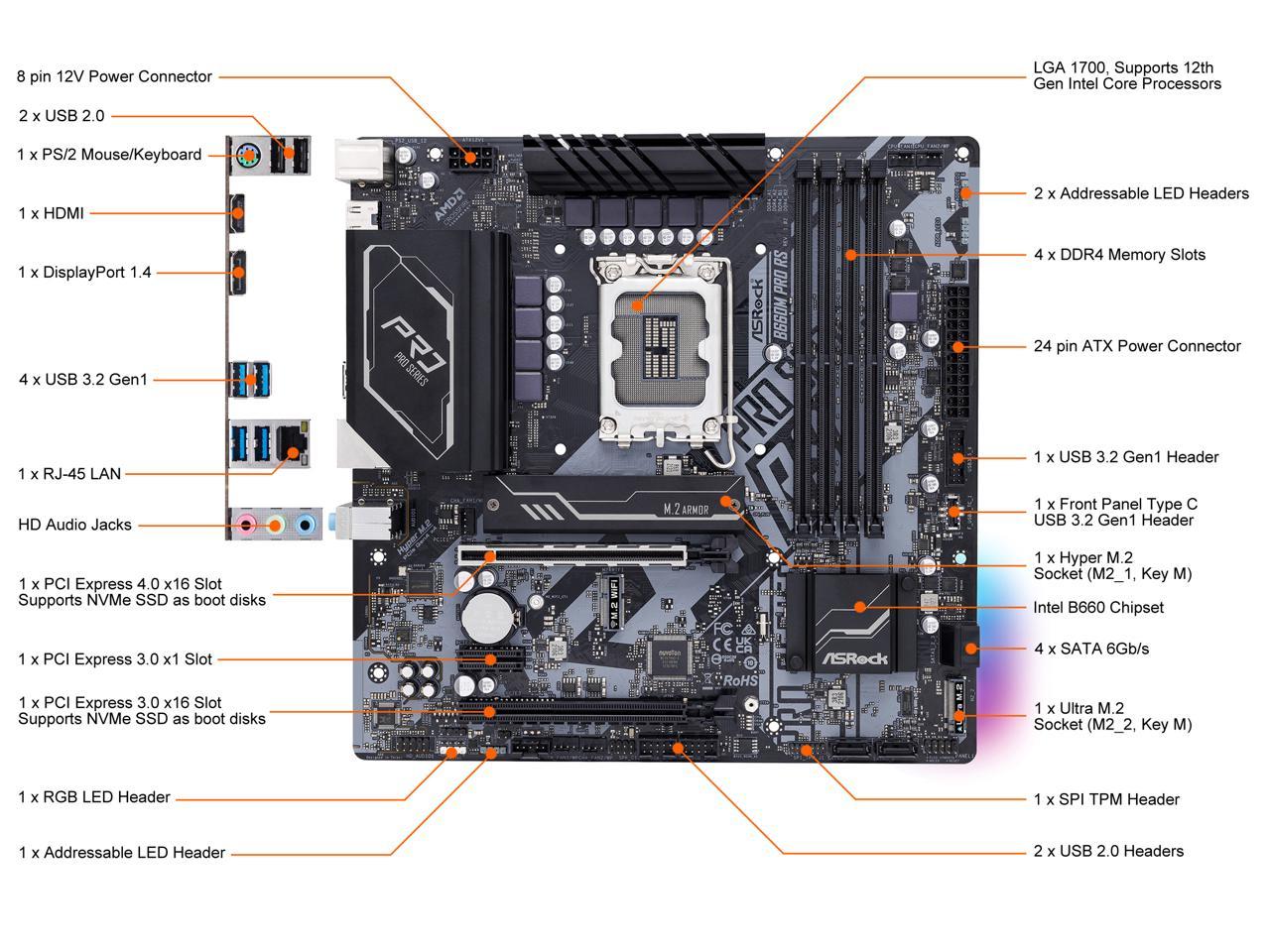 ASRock B660M PRO RS LGA 1700 Intel B660 SATA 6Gb/s DDR4 Micro ATX Motherboard