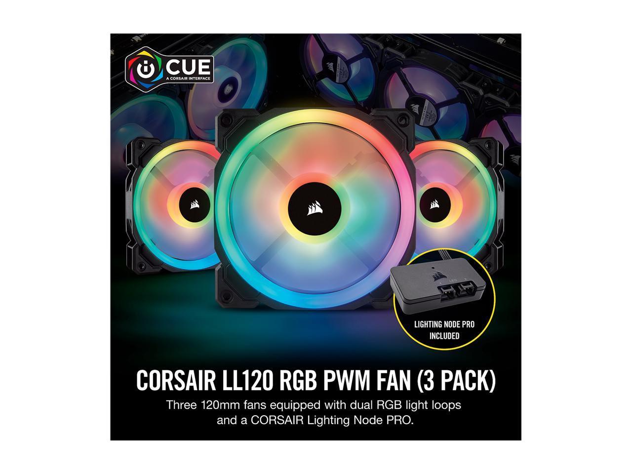 Corsair LL Series CO-9050072-WW LL120 RGB, 120mm Dual Light Loop RGB LED PWM Fan, 3 Fan Pack with Lighting Node PRO