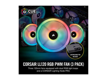 Corsair LL Series CO-9050072-WW LL120 RGB, 120mm Dual Light Loop RGB LED PWM Fan, 3 Fan Pack with Lighting Node PRO