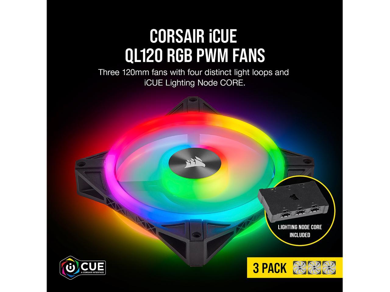 CORSAIR QL Series, iCUE QL120 RGB, 120mm RGB LED Fan, Triple Pack with Lighting Node CORE, CO-9050098-WW