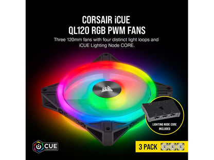 CORSAIR QL Series, iCUE QL120 RGB, 120mm RGB LED Fan, Triple Pack with Lighting Node CORE, CO-9050098-WW