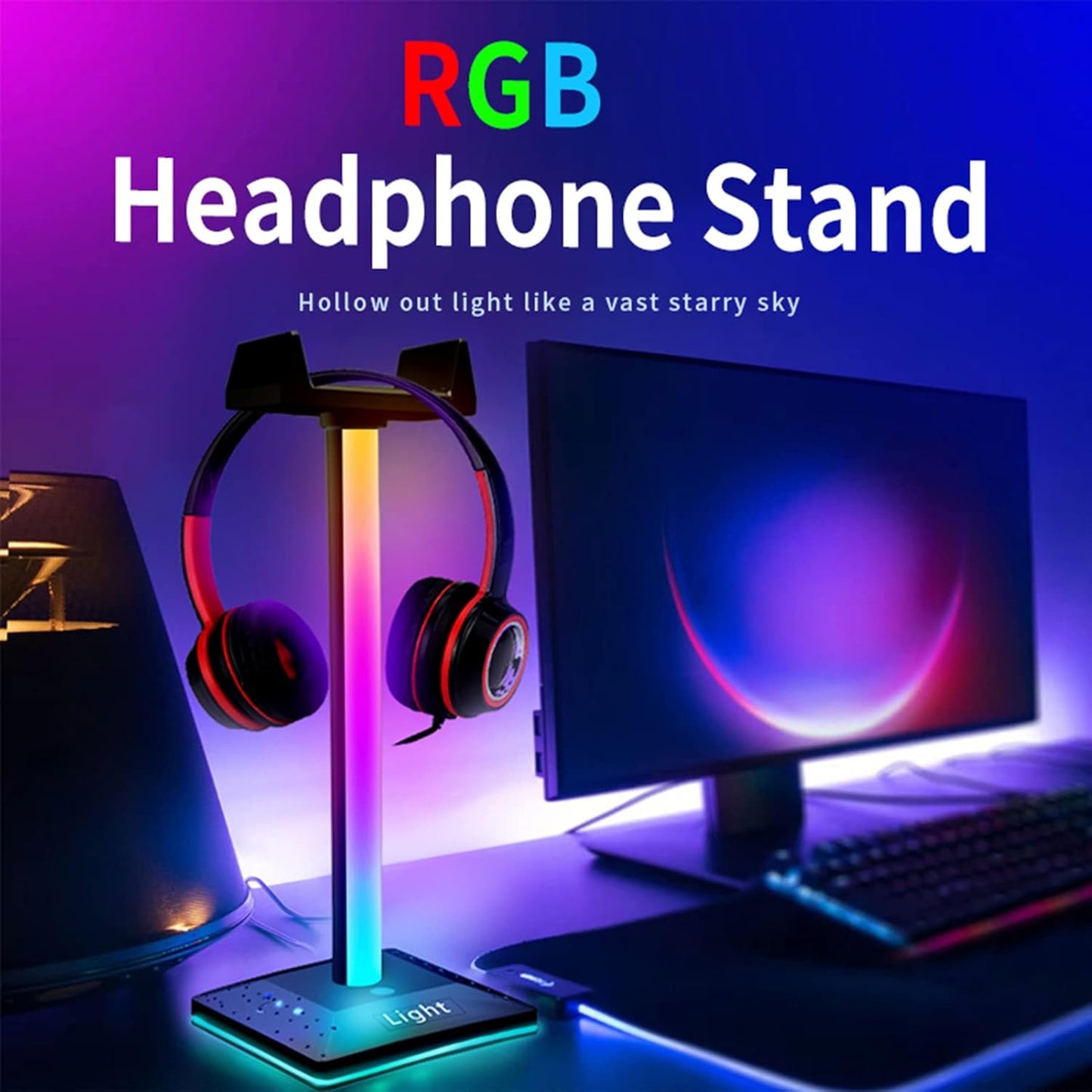 Eacam Headphone Stand Light Headset Holder Gaming Headset Holder USB LED Desktop RGB Headphones Stand Lamp, Multi-Color Modes Headphone Holder for Headphones