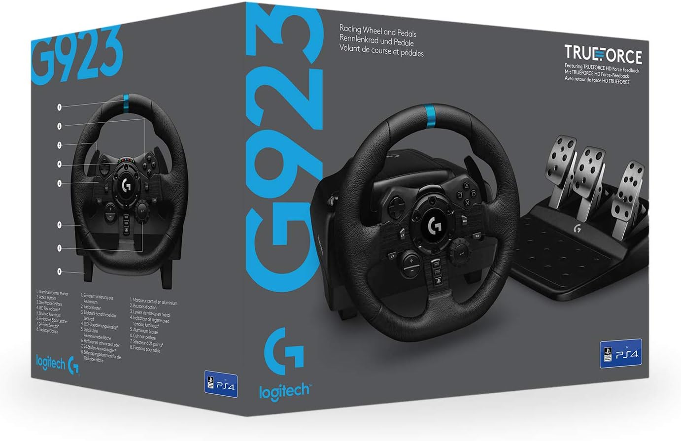 Logitech G923 Racing Wheel and Pedals, TRUEFORCE up to 1000 Hz Force Feedback, Responsive Driving Design, Dual Clutch Launch Control, Genuine Leather Wheel Cover, for PS5, PS4, PC, Mac - Black