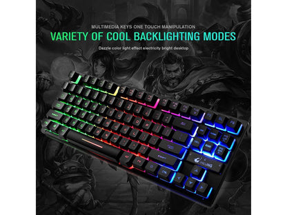 87 Keys Gaming Keyboard and Backlit Mouse Combo, USB Wired Rainbow Backlit Keyboard and Wireless Silent Mouse for Laptop PC Computer Game and Work