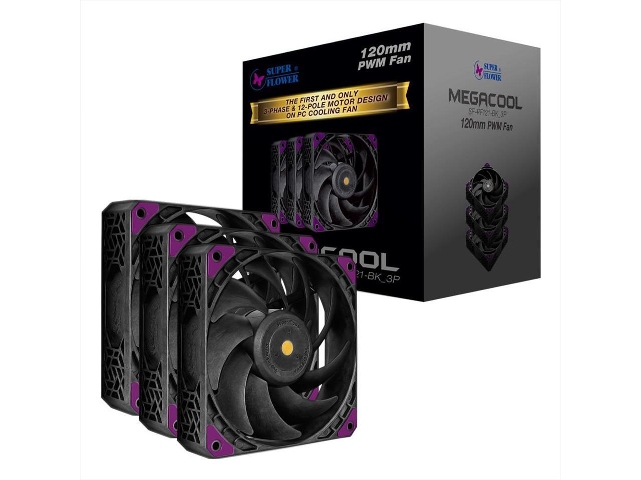 Super Flower, MEGACOOL 120mm fan, Triple-Pack, 12-pole motor design, super cooling performance, PWM, Purple Anti-Vibration Mounting Pads, Computer Case Fan, Remote Control, SF-PF121-BK_3P, 30mm depth