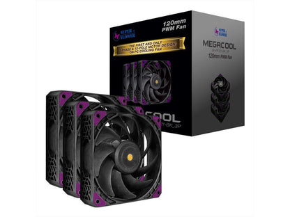 Super Flower, MEGACOOL 120mm fan, Triple-Pack, 12-pole motor design, super cooling performance, PWM, Purple Anti-Vibration Mounting Pads, Computer Case Fan, Remote Control, SF-PF121-BK_3P, 30mm depth