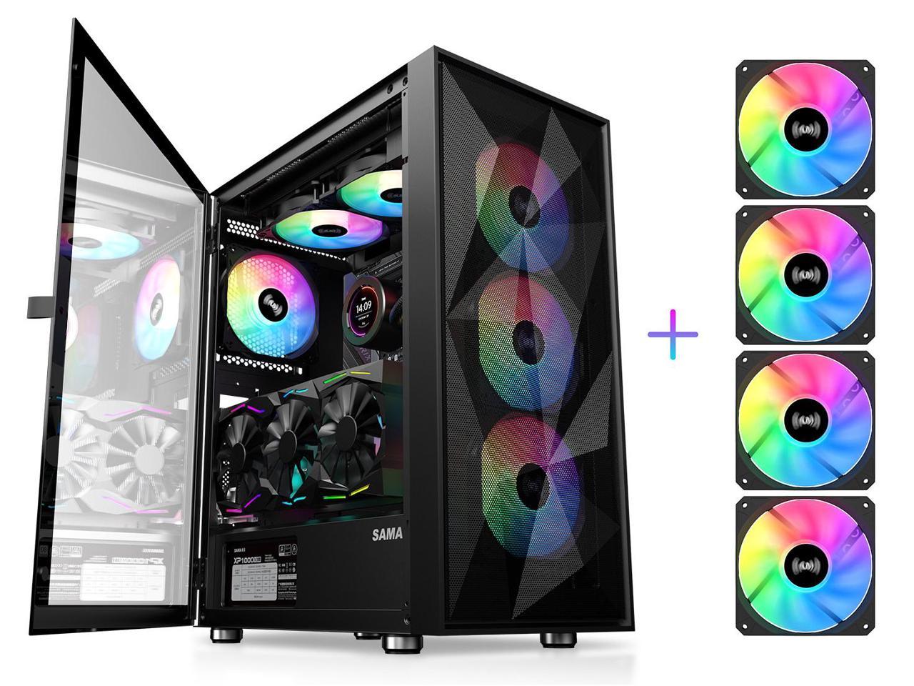 SAMA 3509 Tempered Glass Open Door Gaming ATX Computer PC Case Mid Tower Black with 4 Addressable RGB Fans Pre-installed