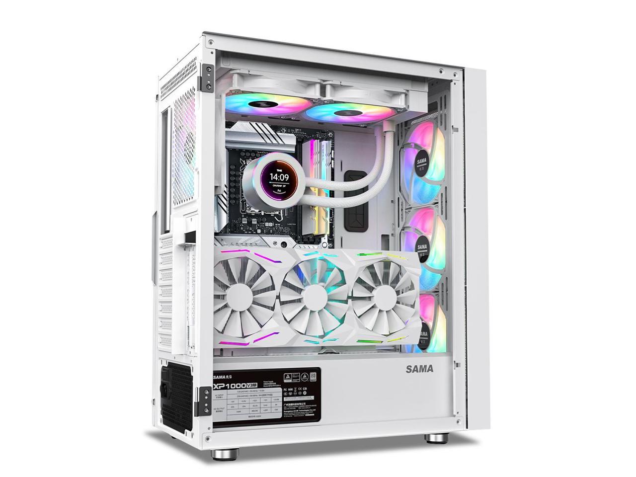 SAMA 3509 Tempered Glass Open Door Gaming ATX Computer PC Case Mid Tower Black with 4 Addressable RGB Fans Pre-installed