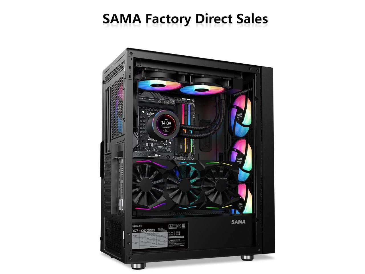 SAMA 3509 Tempered Glass Open Door Gaming ATX Computer PC Case Mid Tower Black with 4 Addressable RGB Fans Pre-installed