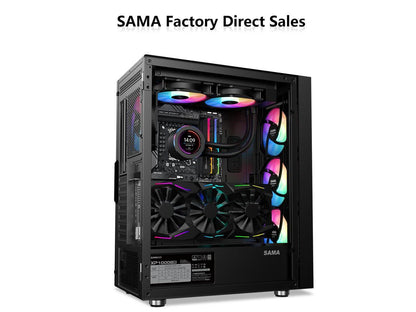 SAMA 3509 Tempered Glass Open Door Gaming ATX Computer PC Case Mid Tower Black with 4 Addressable RGB Fans Pre-installed