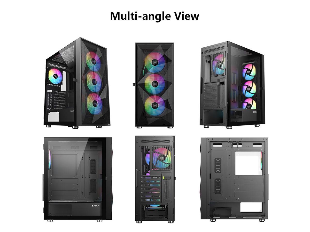 SAMA 3509 Tempered Glass Open Door Gaming ATX Computer PC Case Mid Tower Black with 4 Addressable RGB Fans Pre-installed