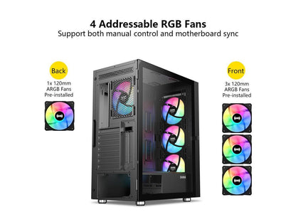 SAMA 3509 Tempered Glass Open Door Gaming ATX Computer PC Case Mid Tower Black with 4 Addressable RGB Fans Pre-installed