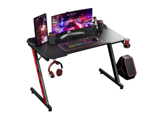 Furmax 44 Inches Z Shaped Computer Gaming Desk Carbon Fiber Surface Desk with Cup Holder & Headphone Hook, Black