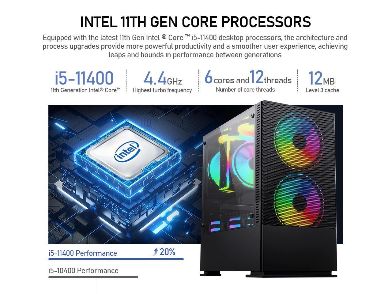 SUEVERY - Gaming desktop computer - Intel Core i5 11th Gen 11400 6 core - 16GB DDR4 RAM - 512G SSD M.2 NVMe - Windows 11 Home - Gaming P